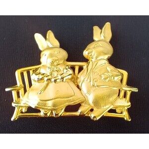 JJ Jonette Easter Bunny Rabbits In Love Bench Gold tone Brooch Signed Pin Easter